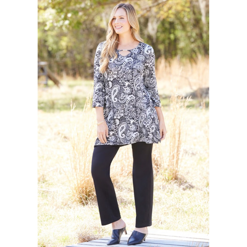 Catherines Tunic Top Womens 4X Black Leaf Print Short Sleeve Round Neck Pullover